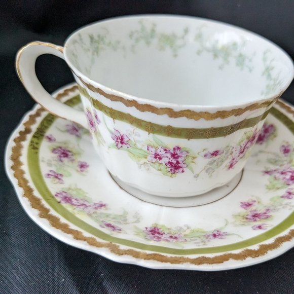RARE Antique Limoges Porcelain Tea Cup And Saucer Pink/Green 1896-1900